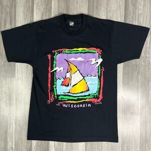 Vintage Single Stitch Wisconsin Sailboat T-Shirt Black